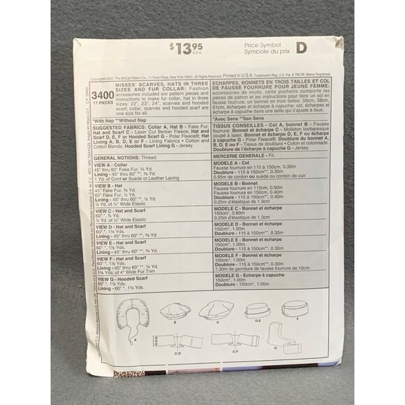 McCalls Fashion Accessories Hat Scarf Collar Sewing Pattern 3400 - uncut - Picture 2 of 2